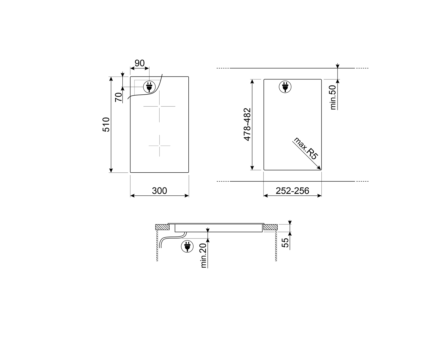 Smeg SI2321D Einbauskizze technische Zeichnung