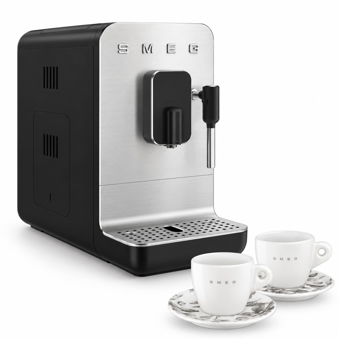 SMEG BCC12 Black Friday Set Storm Blue-Matt mit zwei Cappuccinotassen CCSC01
